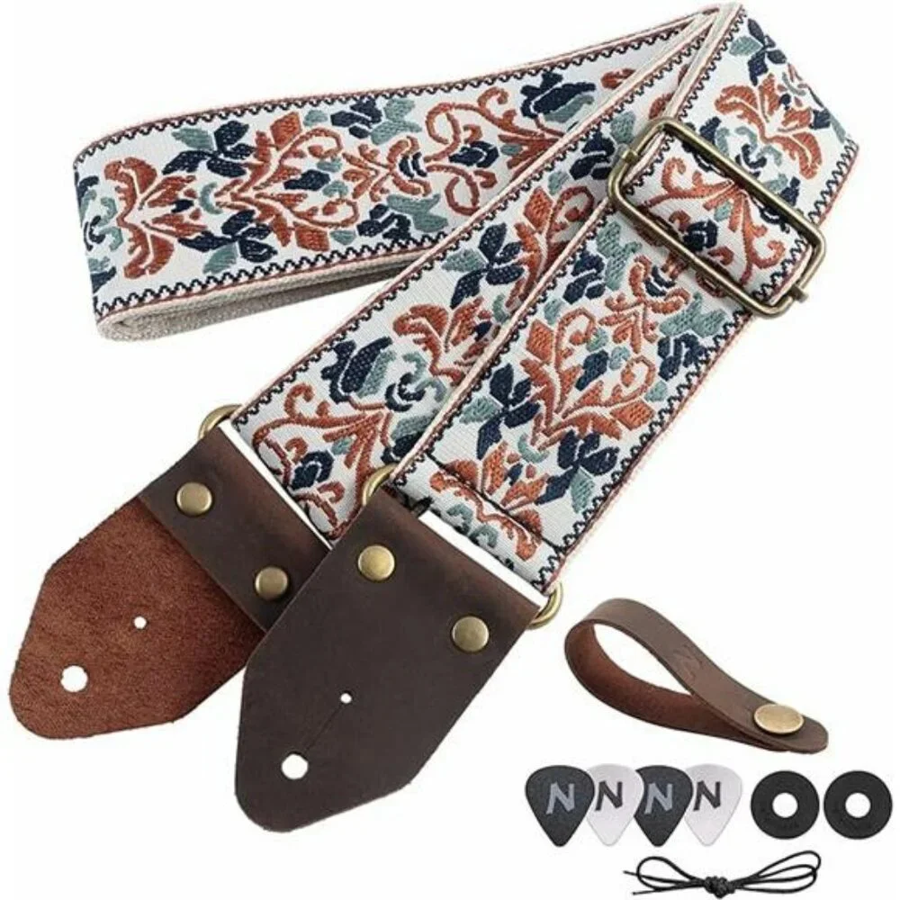 Jacquard embroidery guitar strap with leather ends adjustable for acoustic elect - Picture 7 of 7